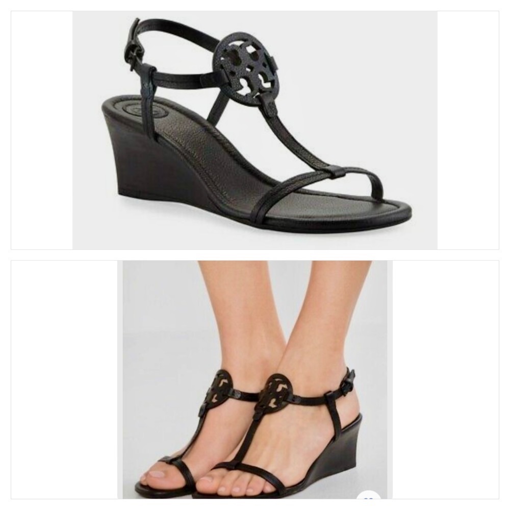 Tory Burch Logo Miller 60MM T-Strap Wedge Sandal, 6.5. Black